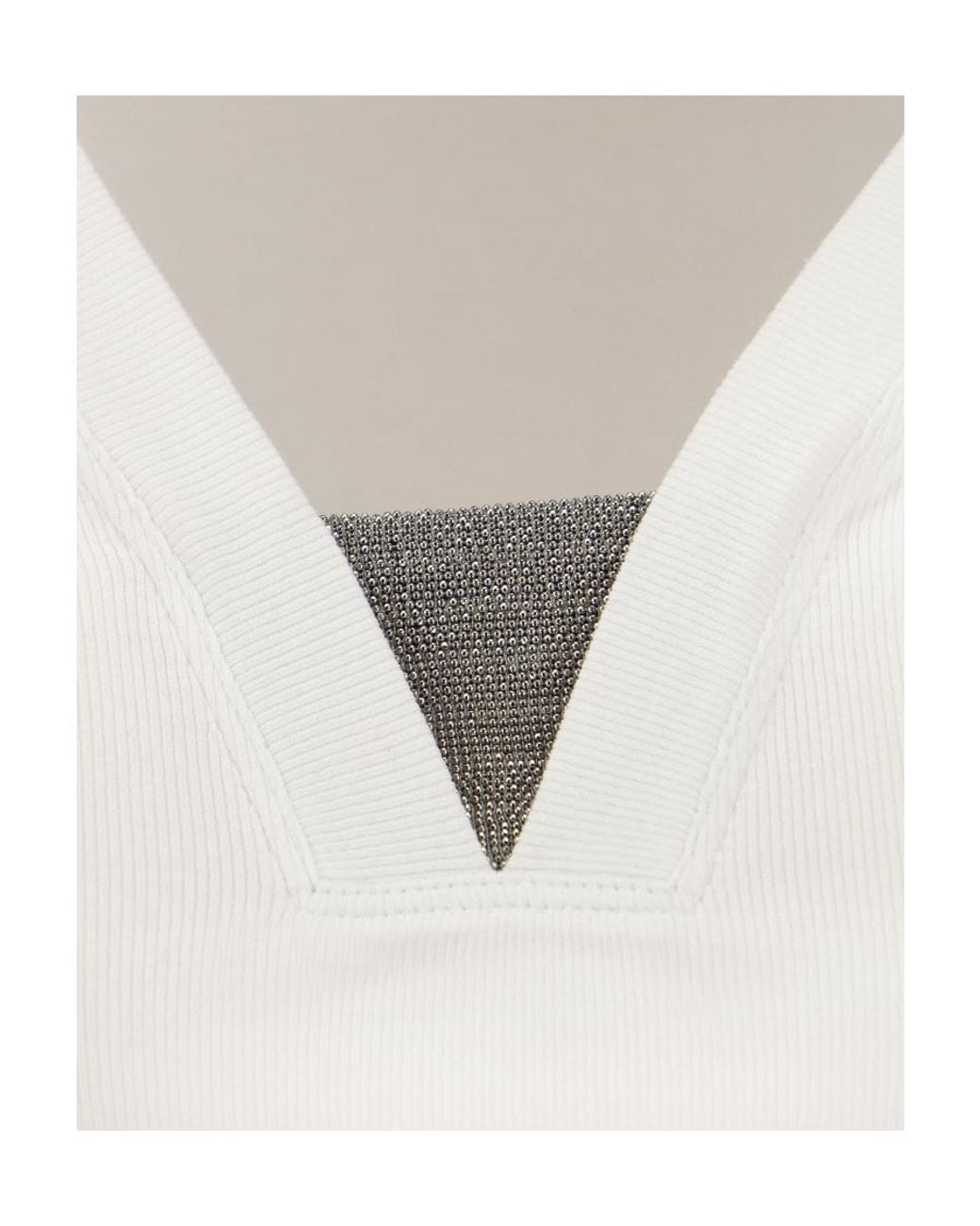 Brunello Cucinelli White V-Neck Long Sleeved Top