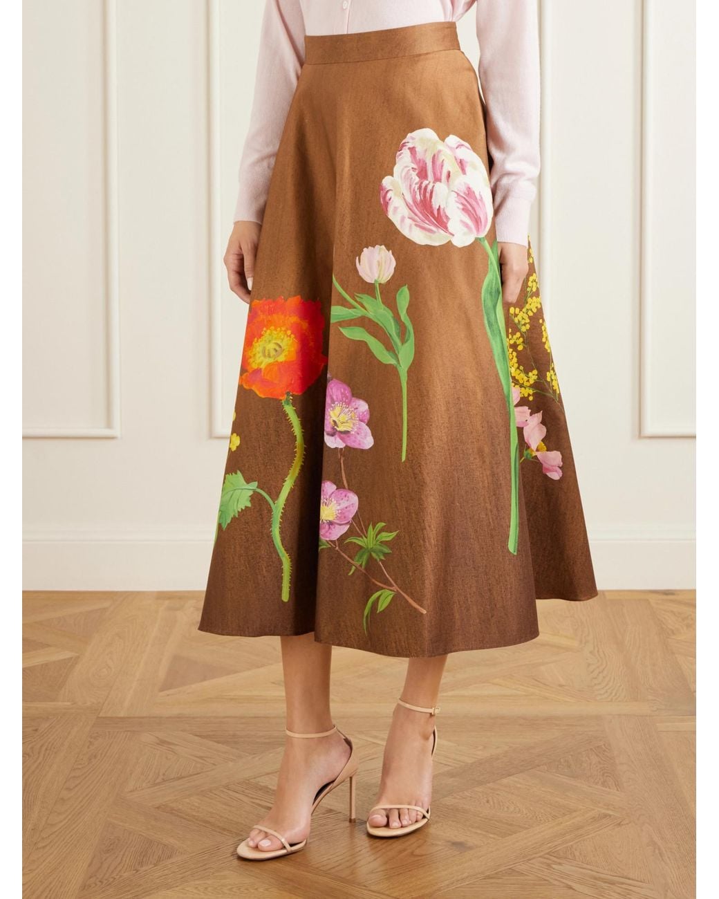 Oscar de la Renta Brown Floral-Print Cotton-Poplin High-Waist Midi Skirt