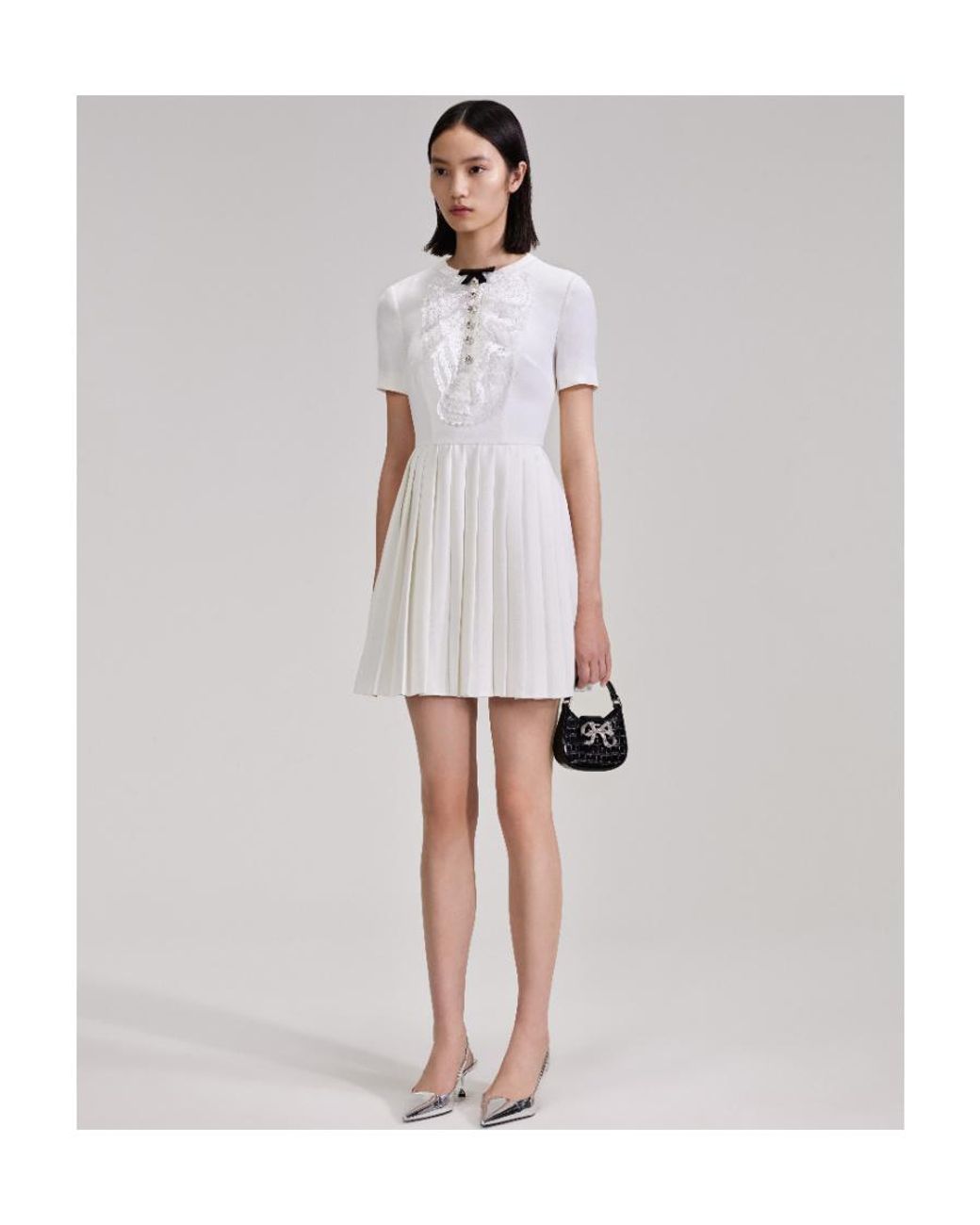 Self-Portrait White Crystal-Embellished Pleated Dress