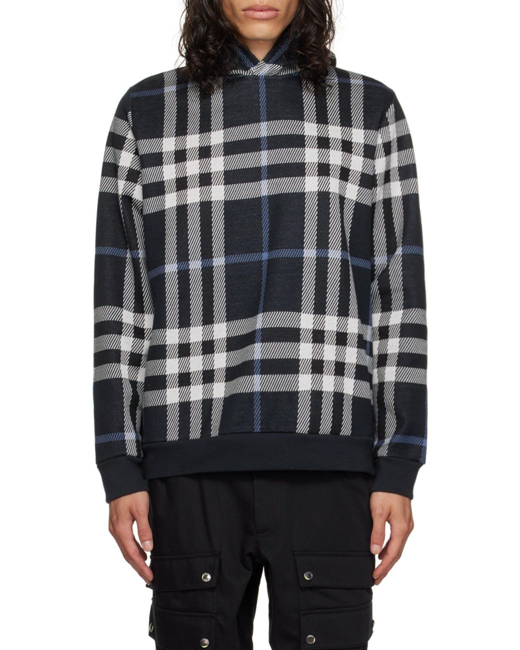 Burberry Blue Check-Pattern Straight-Hem Hoodie for men
