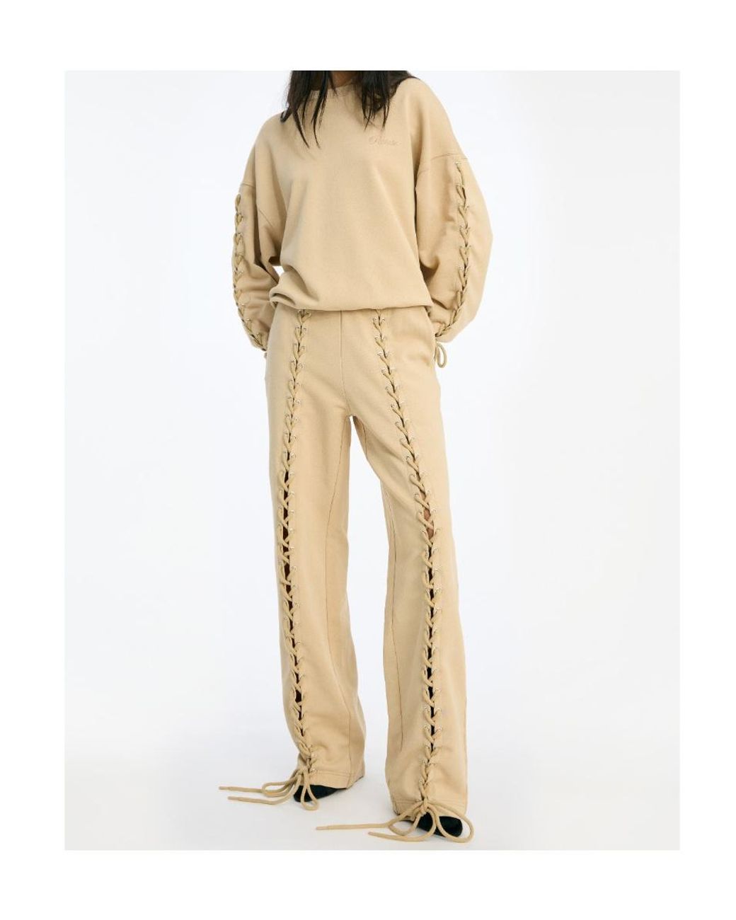 ROTATE BIRGER CHRISTENSEN Natural Straight-Leg Lace-Up Detailed Pants