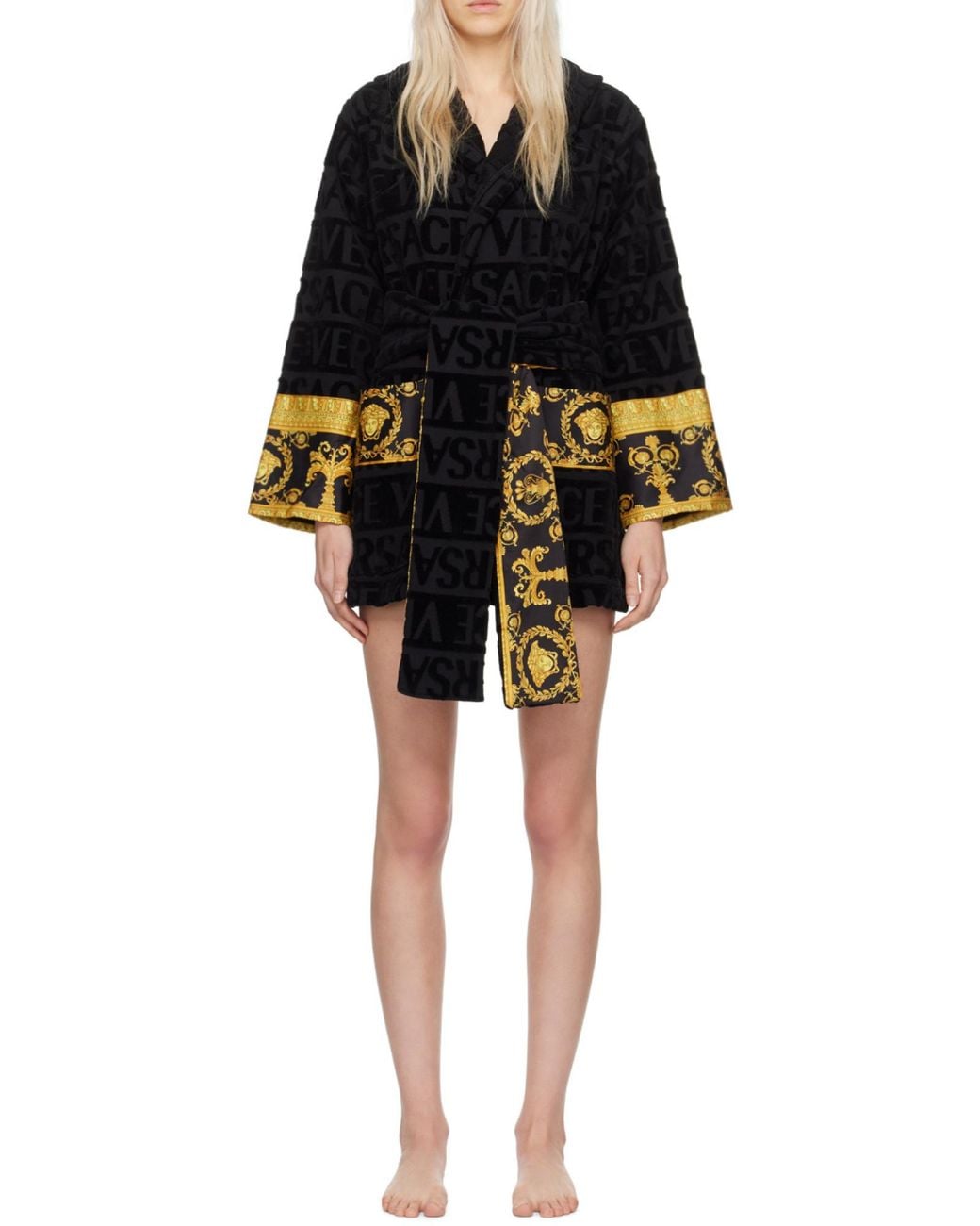 Versace Black Baroque Printed Belted Waist Robe for men