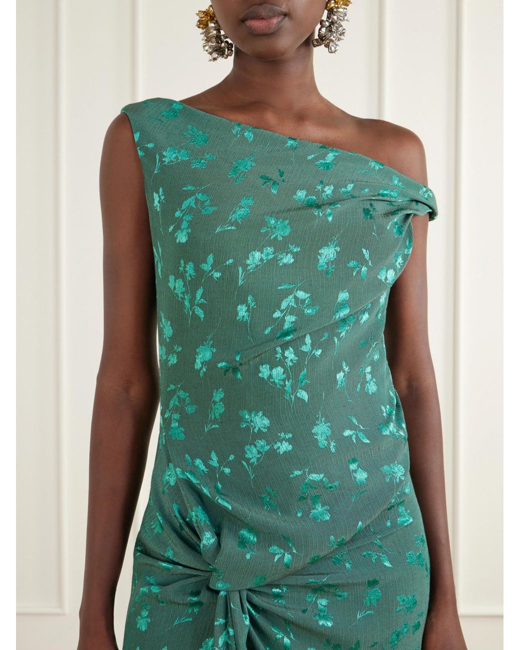 Dries Van Noten Green Floral-Jacquard Knot-Detail Satin Midi Dress
