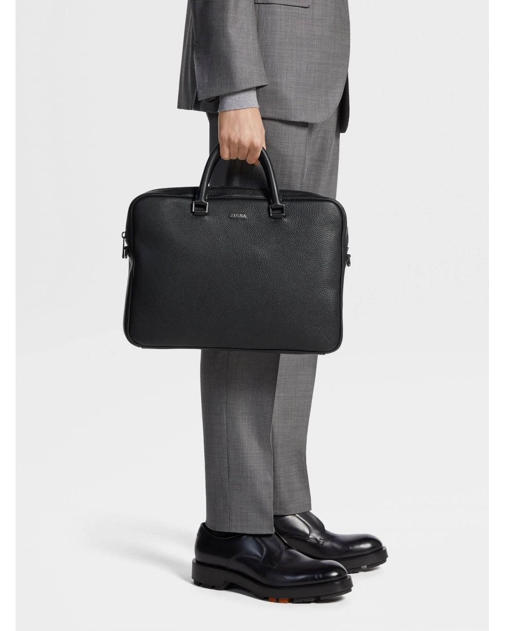 Zegna Black Edgy Logo-Lettering Leather Briefcase for men