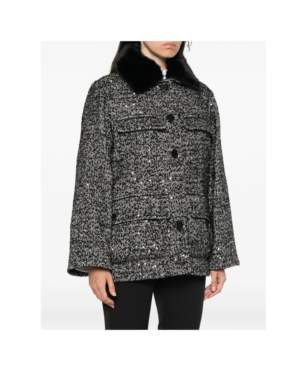 ERMANNO FIRENZE Black Sequin-Embellished Herringbone Jacket
