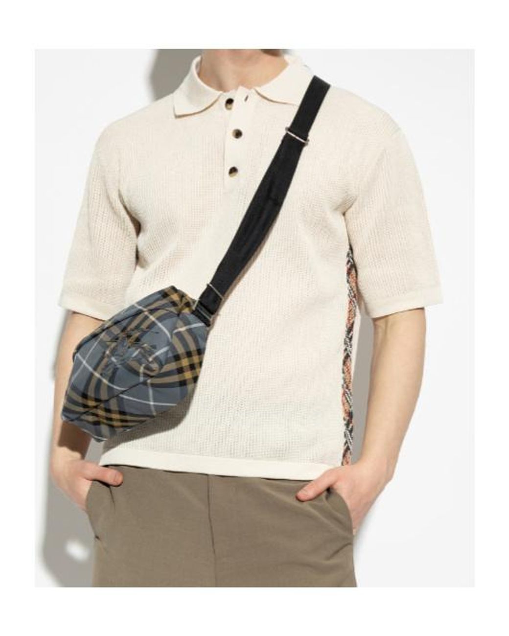 Burberry White Checked Ribbed Short Sleeve Polo Shirt for men
