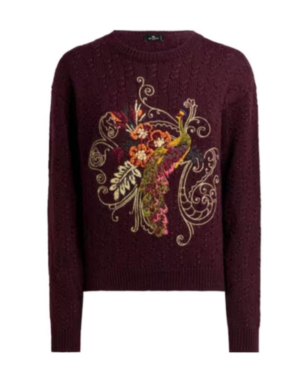 Etro Purple Cropped Cable-Knit Cashmere-Blend Sweater With Peacock Embroidery