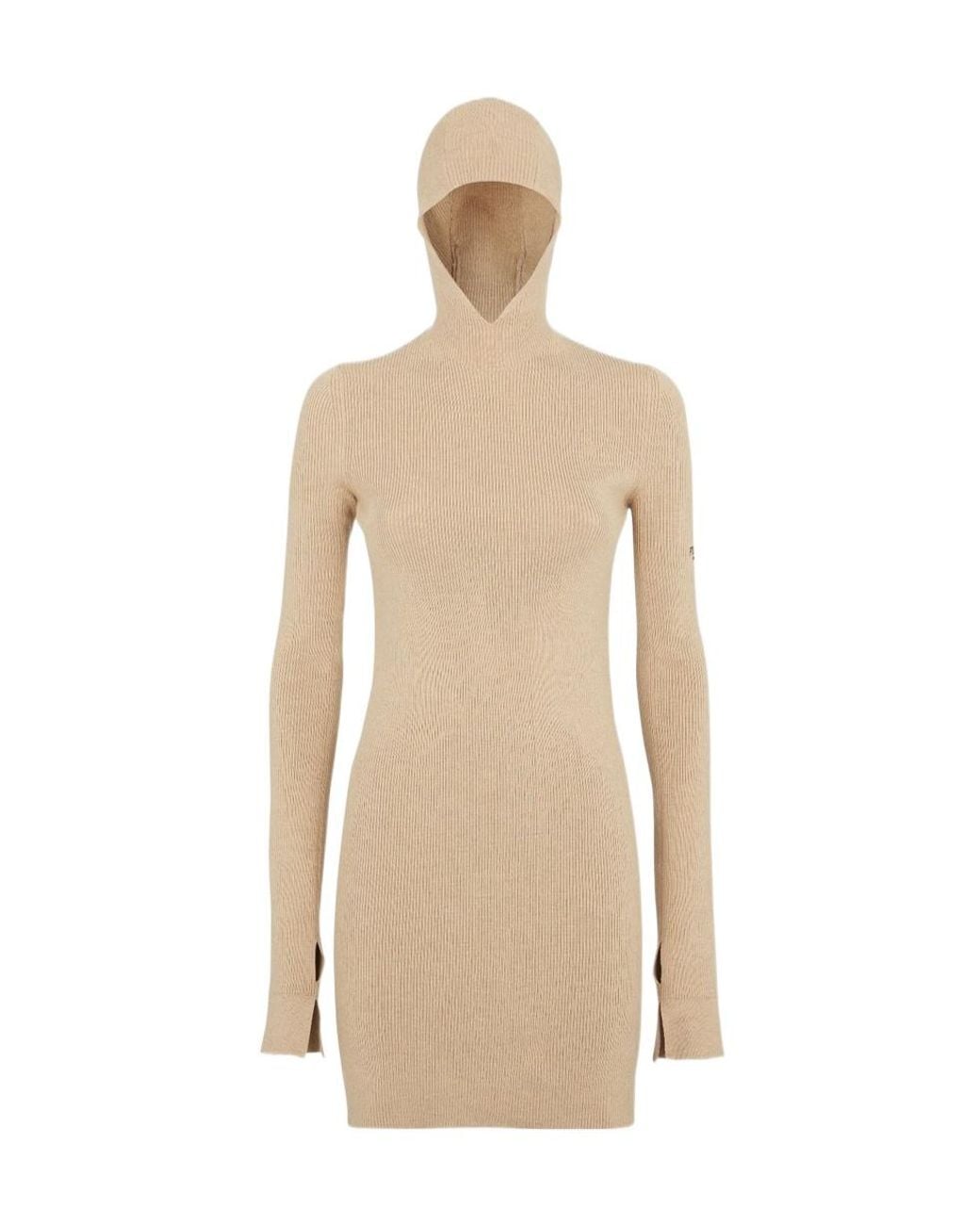 Fendi Natural Long Sleeved Hooded Ribbed Dress