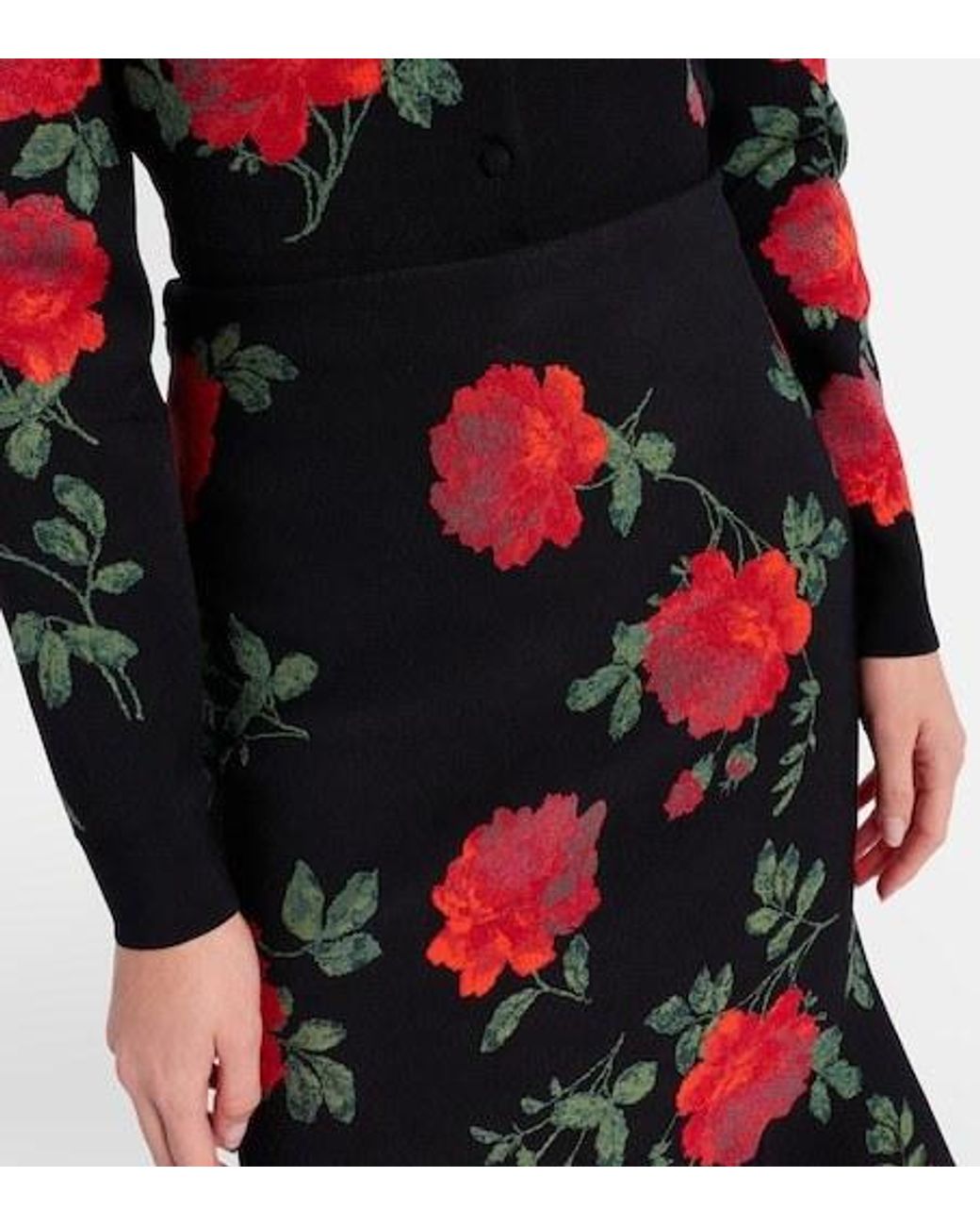 Carolina Herrera Red Floral Jacquard Midi Skirt