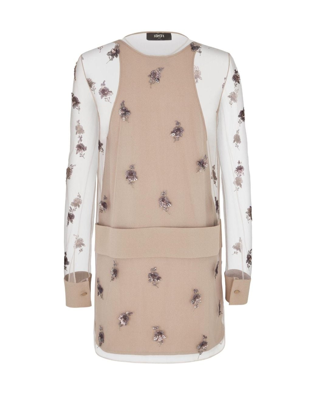Fendi Natural Floral Embellished Sheer Sleeved Mini Dress