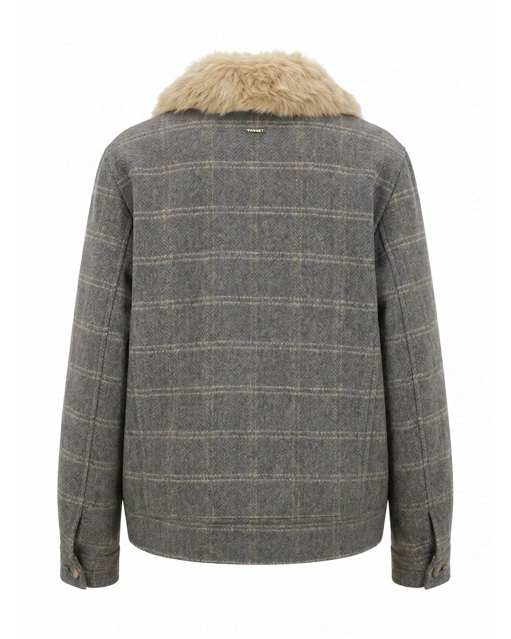 Twinset Gray Double Check Wool Caban Coat With Faux Fur