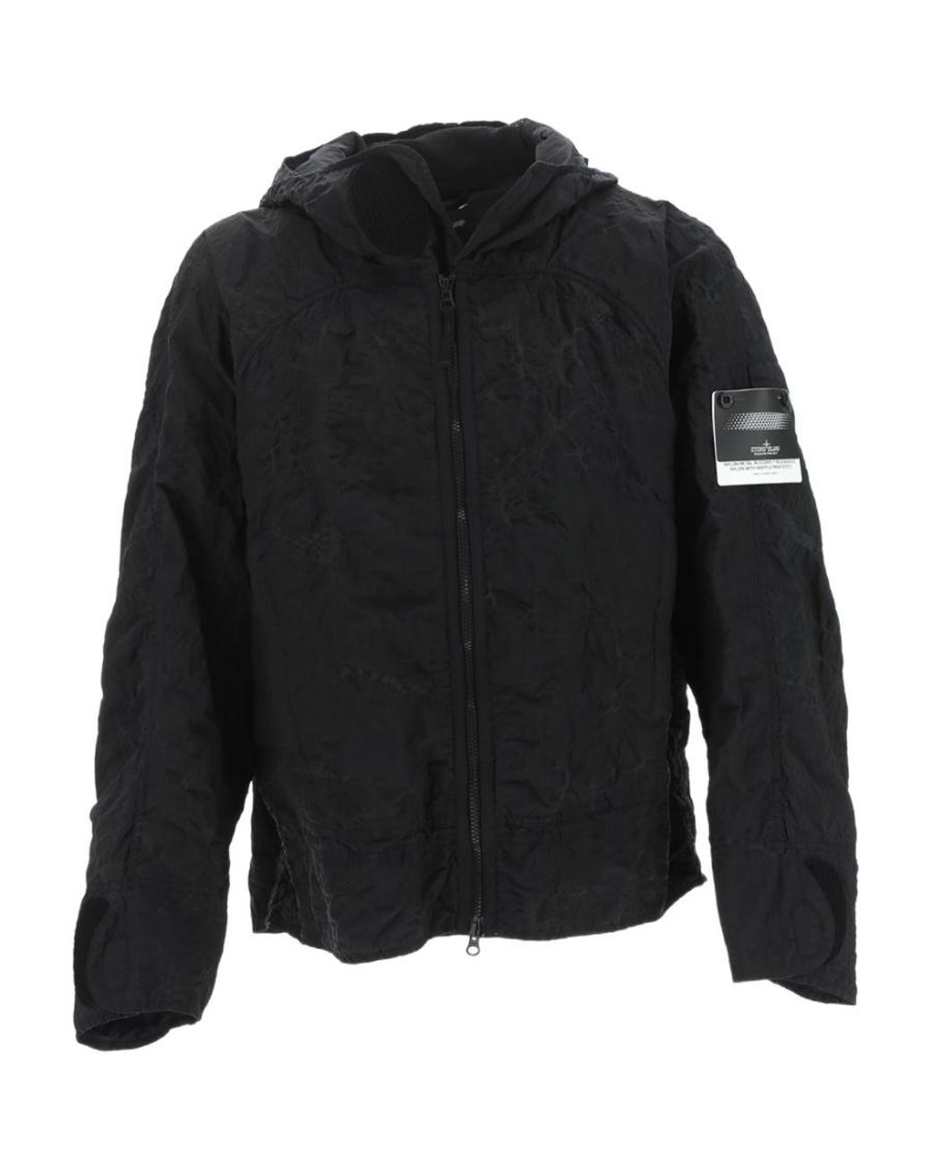 Stone Island Black Crinkle-Finish Hooded Jacket for men