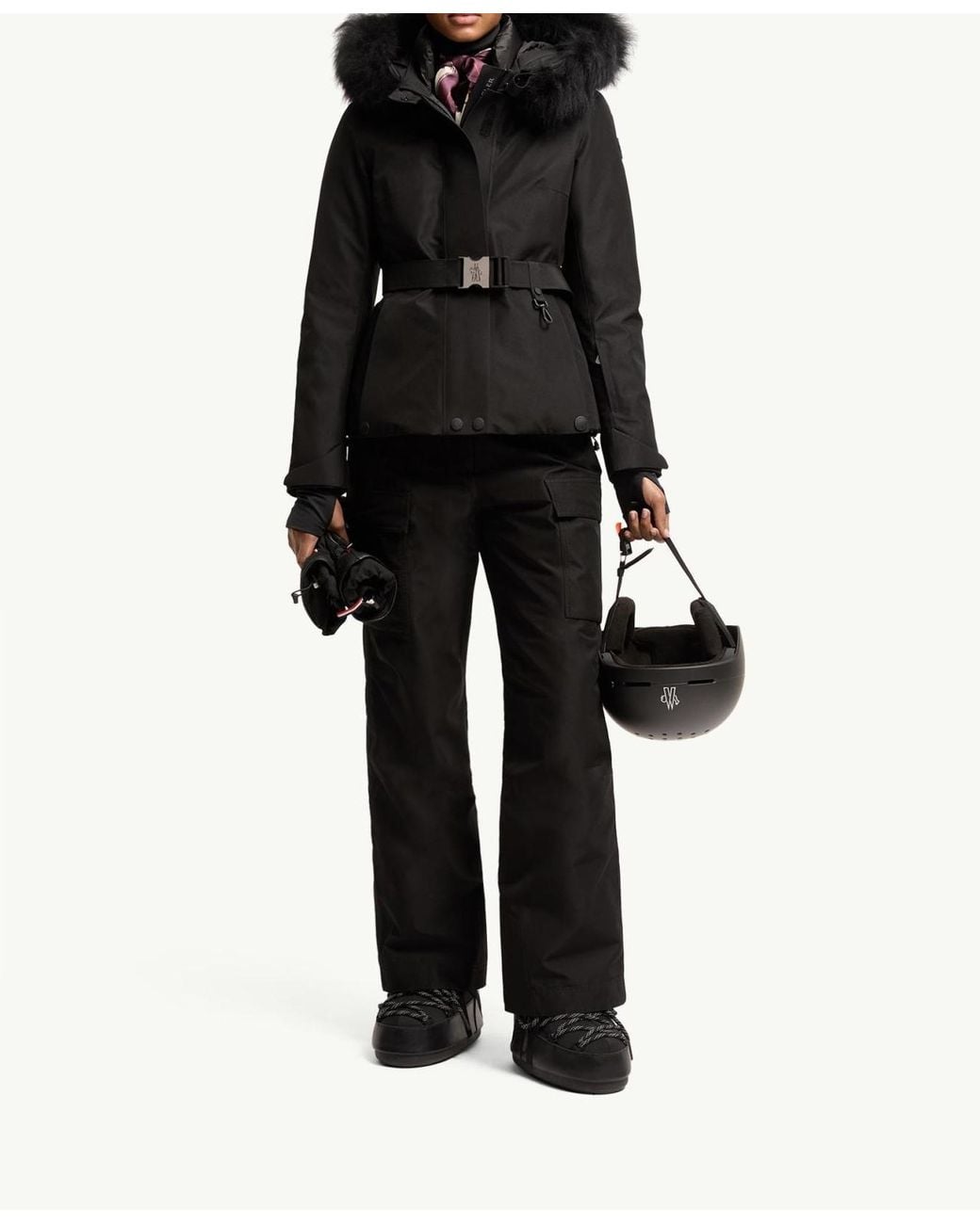 Moncler Black Grenoble Belted Fur-Trim Down Jacket