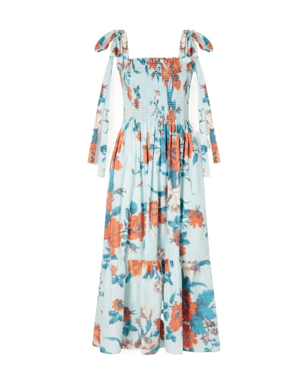 Erdem Blue Shirred Floral-Print Cotton Midi Dress