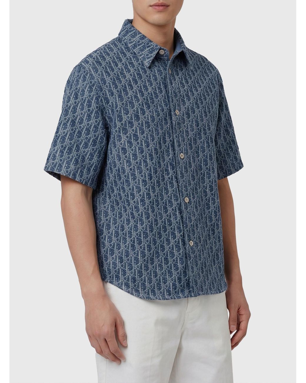 Dior Blue Homme Oblique Pattern Short-Sleeve Shirt for men