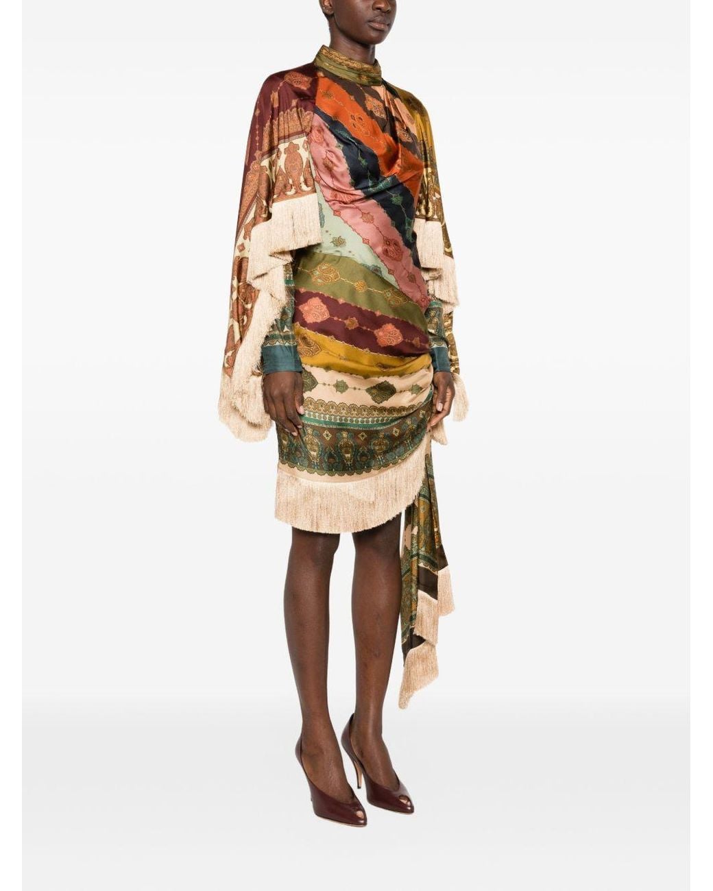 Zimmermann Metallic Scarf Print Fringed Wrap Mini Dress
