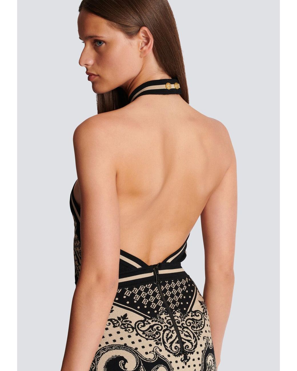 Balmain White Backless Knit Paisley Monogram Dress