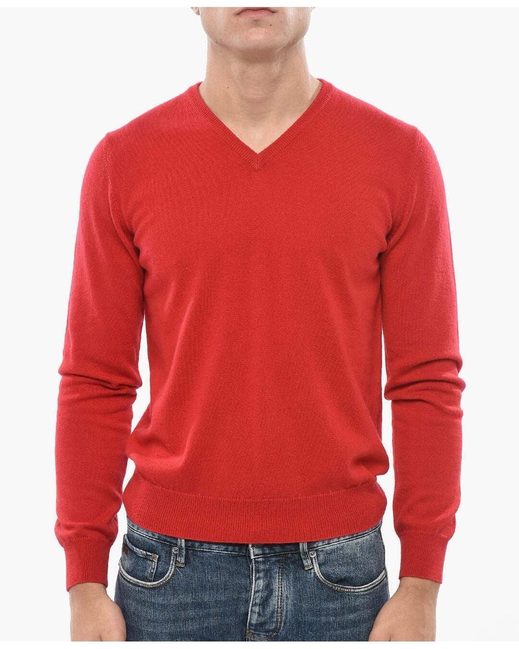 Malo Red V-Neck Cashmere Fine-Knit Top for men