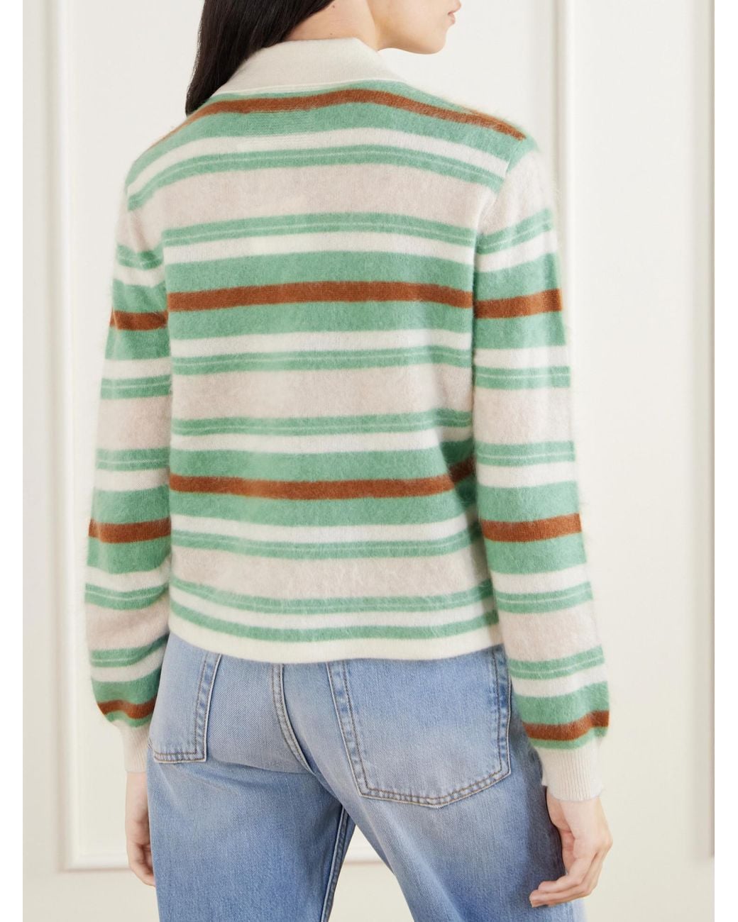 Guest In Residence Green Cropped Striped Brushed Cashmere Polo Sweater