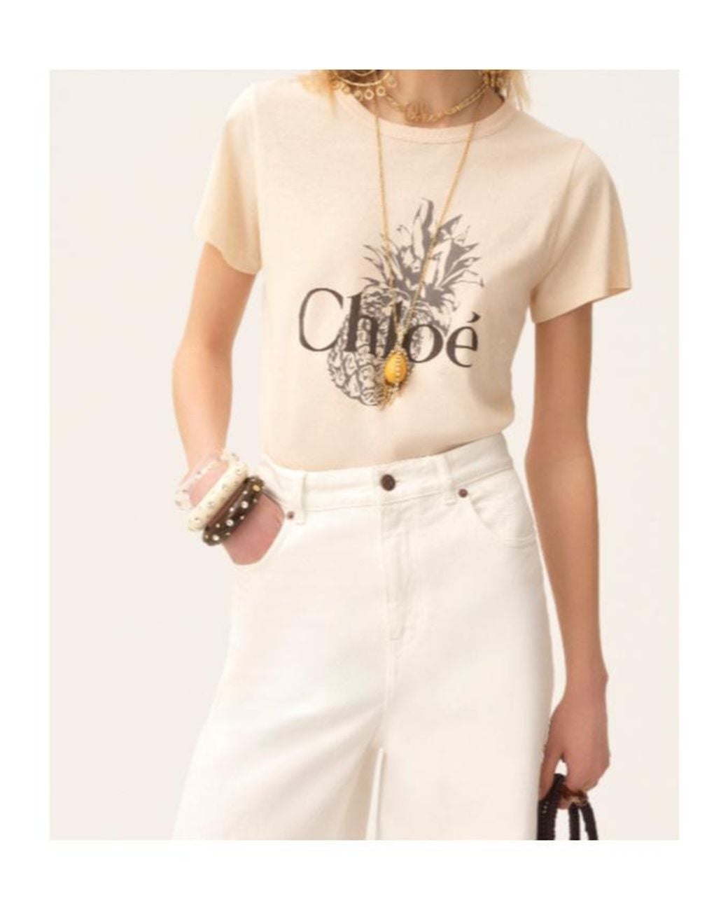 Chloé Natural Chloé Logo Printed Crewneck T-Shirt