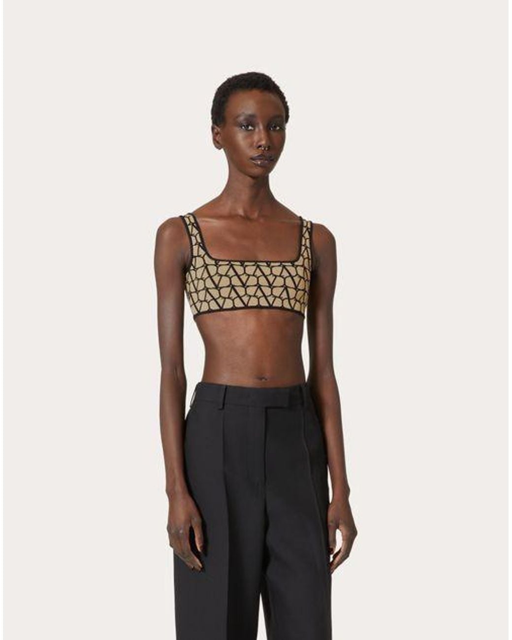 Valentino Brown Vlogo Motif Square-Neck Cropped Top