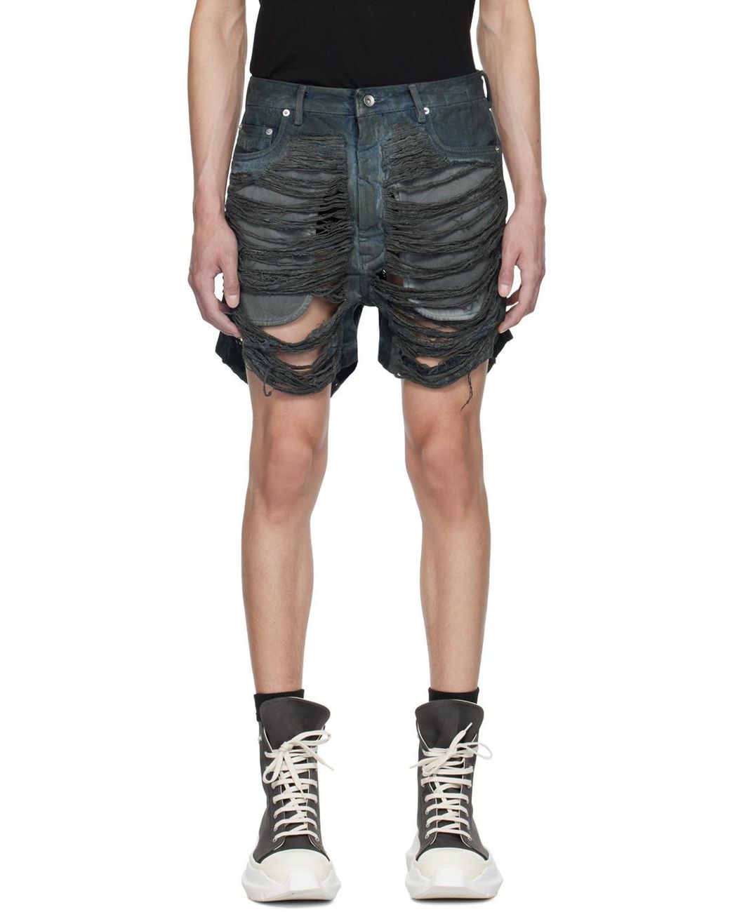 Rick Owens Black Geth Cut-Off Distressed Shorts for men