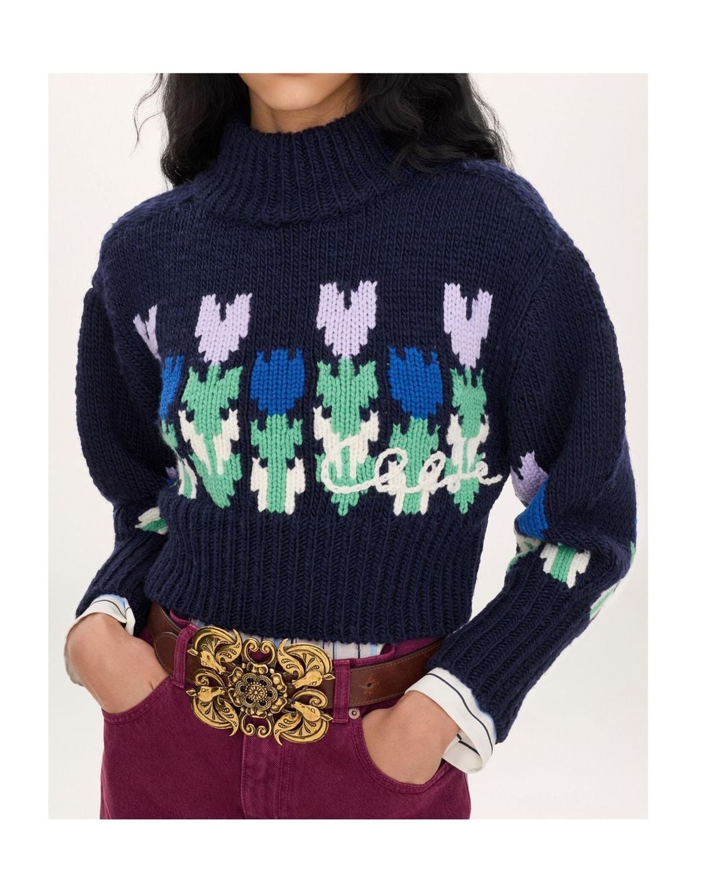 Chloé Blue Chloé Floral Turtleneck Knitted Sweater