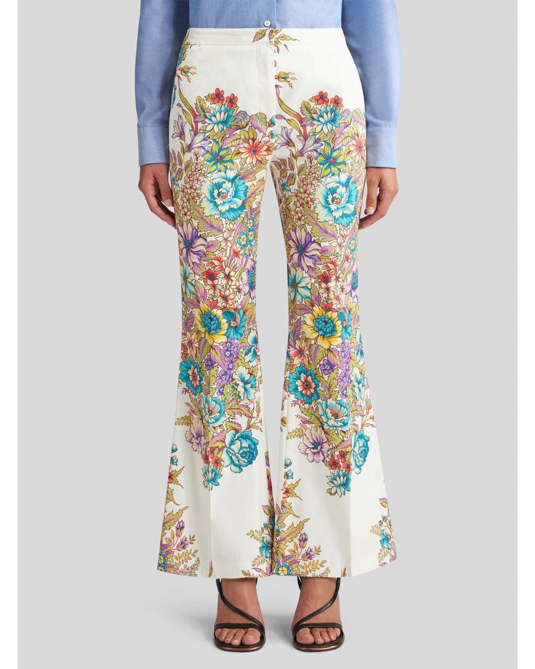 Etro White Floral-Printed High Waist Flared Trousers