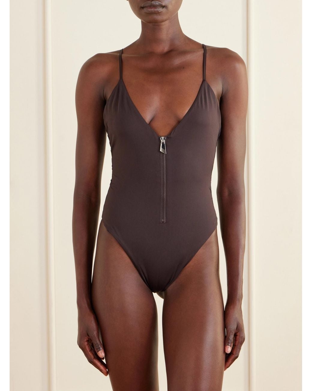 The Attico Brown Half-Zip One-Piece Swimsuit