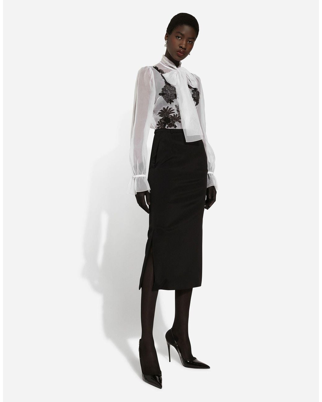 Dolce & Gabbana White Lace Patch Pussy-Bow Shirt