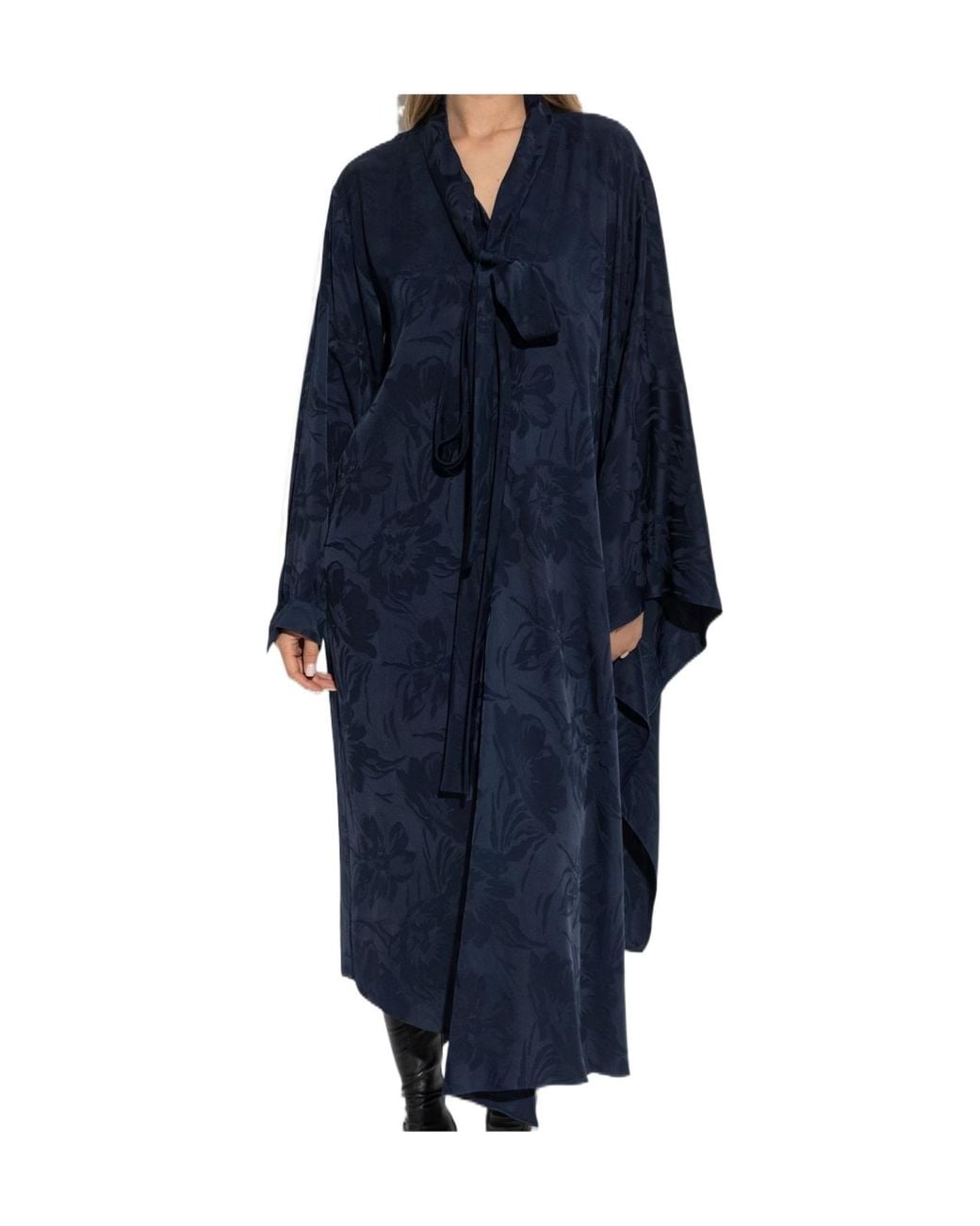 Balenciaga Blue Floral Print Tied-Neck Dress