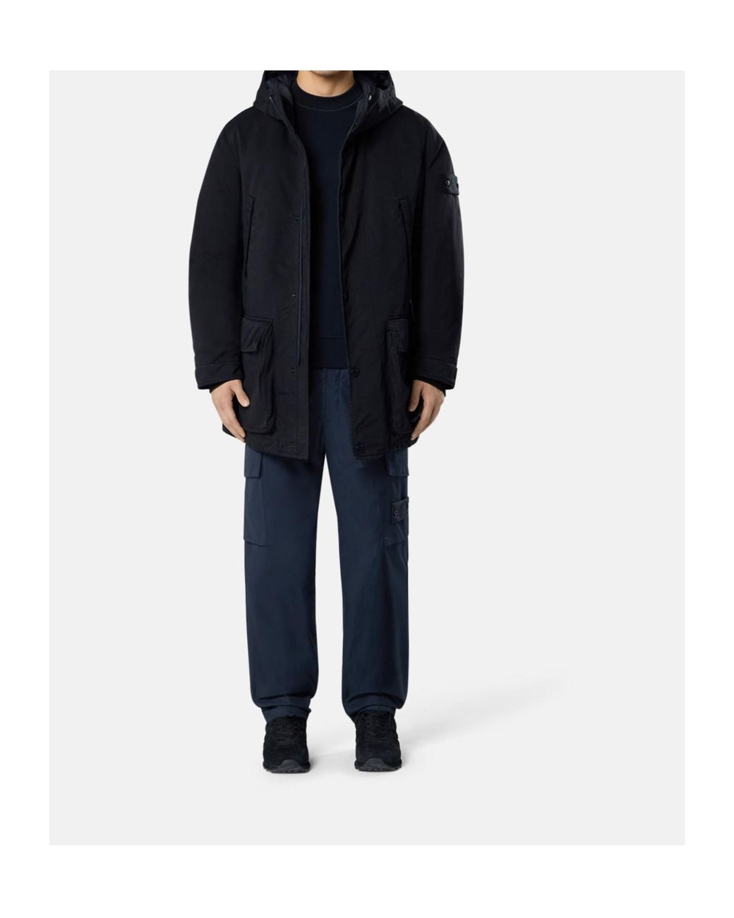Stone Island Blue Logo-Patch Press-Stud Hooded Coat for men