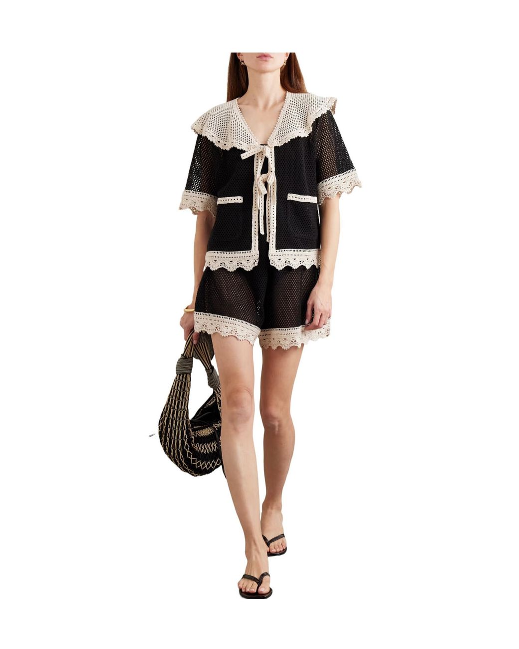 Sea Black Kendall Crochet-Trimmed Open-Knit Cotton Shorts