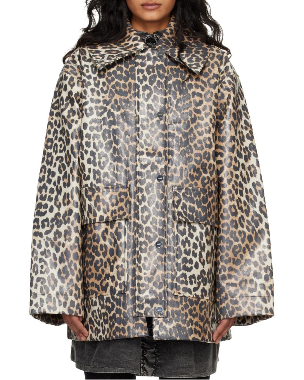 Ganni Gray Laminated Animal-Print Jacket