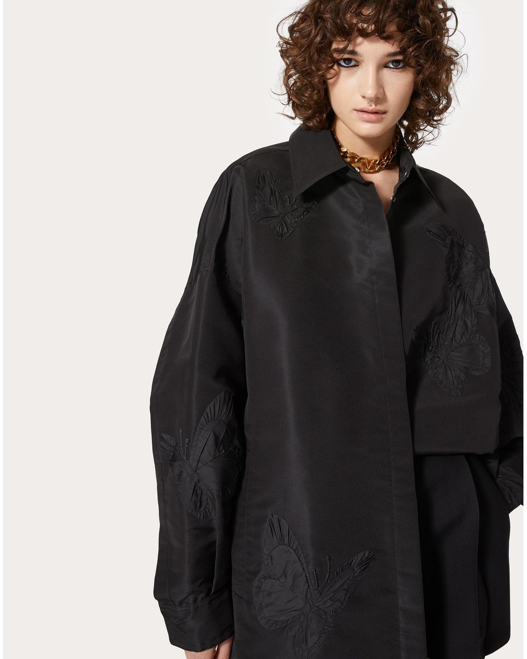 Valentino Black Butterfly Patterned Curved Hem Shirt