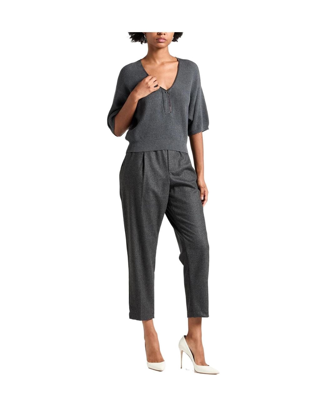 Brunello Cucinelli Black Lightgrey Vneck Shortsleeve Knit Sweater