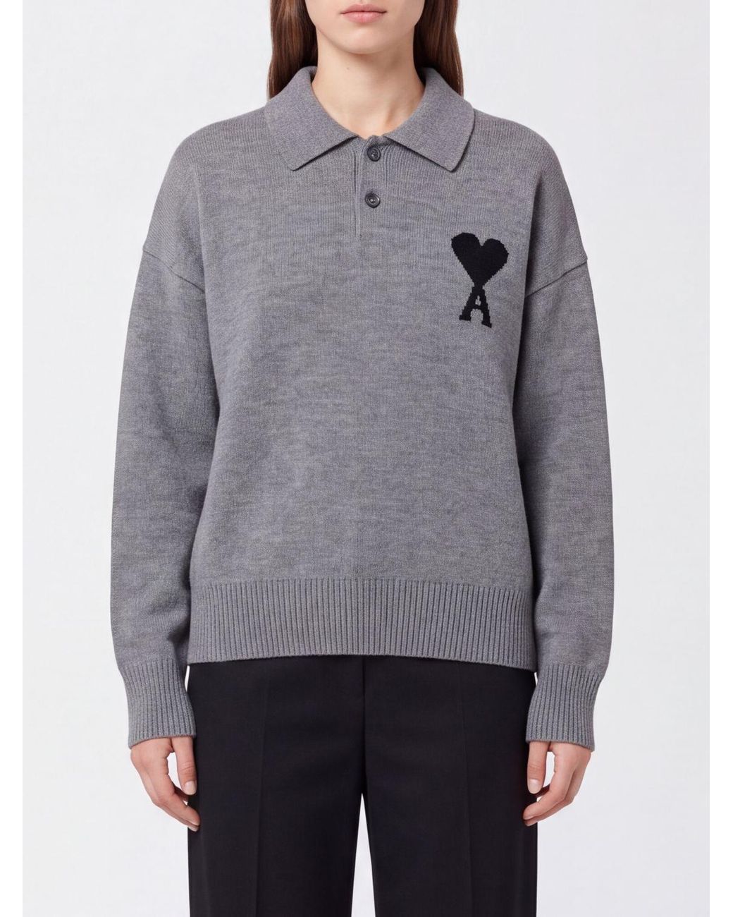 AMI Gray Ami Ami De Coeur Long Sleeved Polo Shirt for men