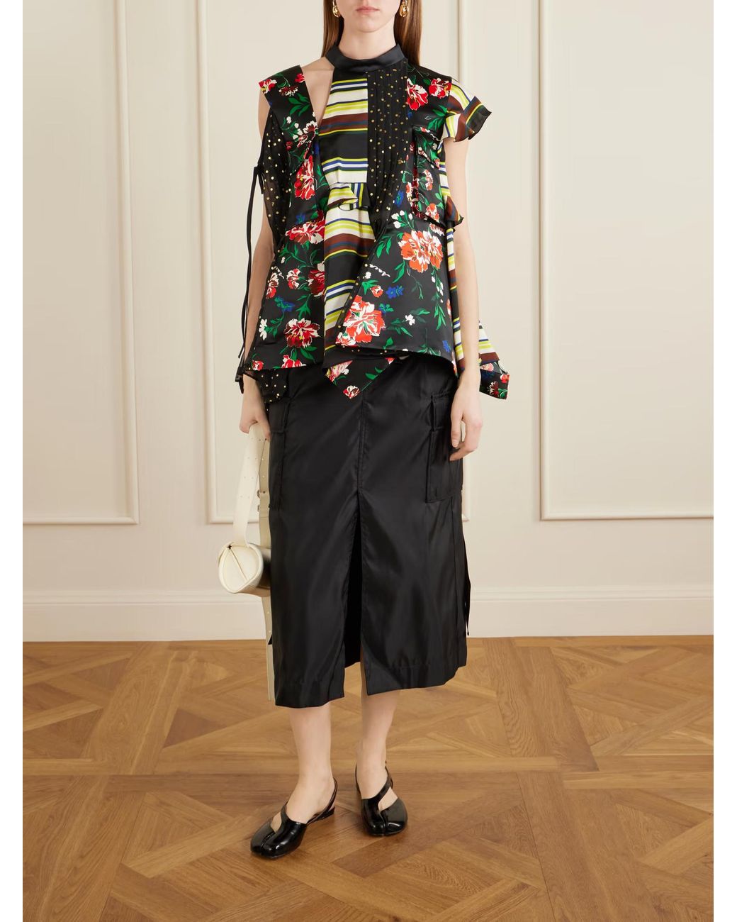 Sacai Black Pattern Mix Printed Ruffled Blouse