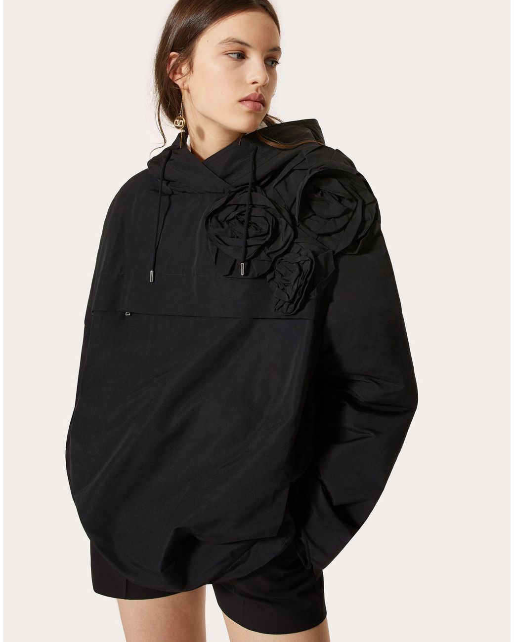 Valentino Black Floral-Appliqué Drawstring Jacket