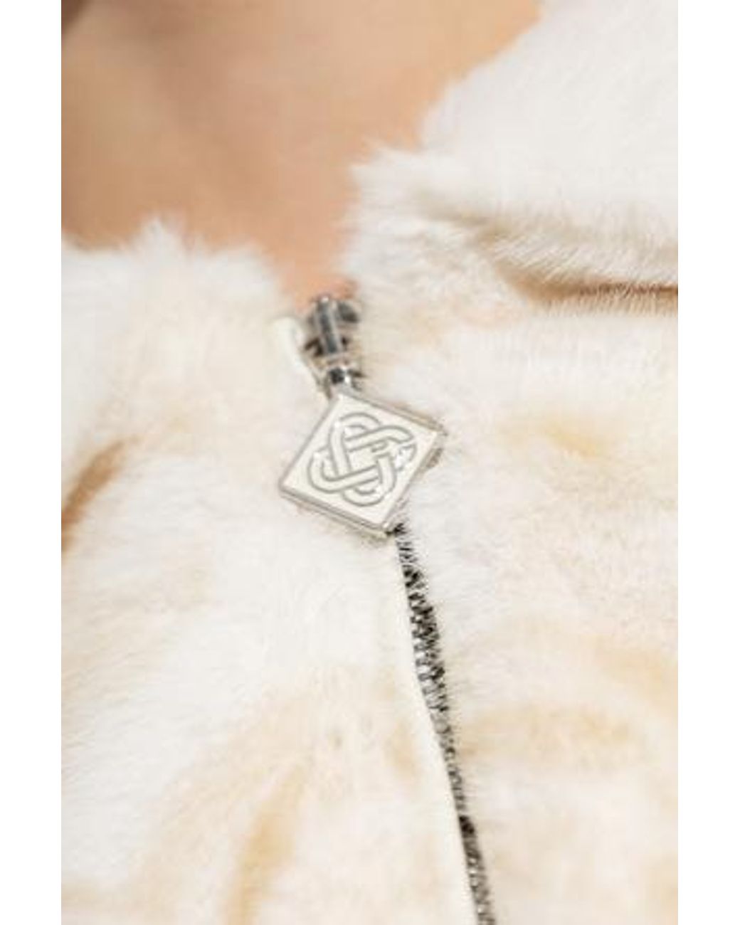 Casablanca Natural Ornate Faux Fur Zip Bomber Jacket