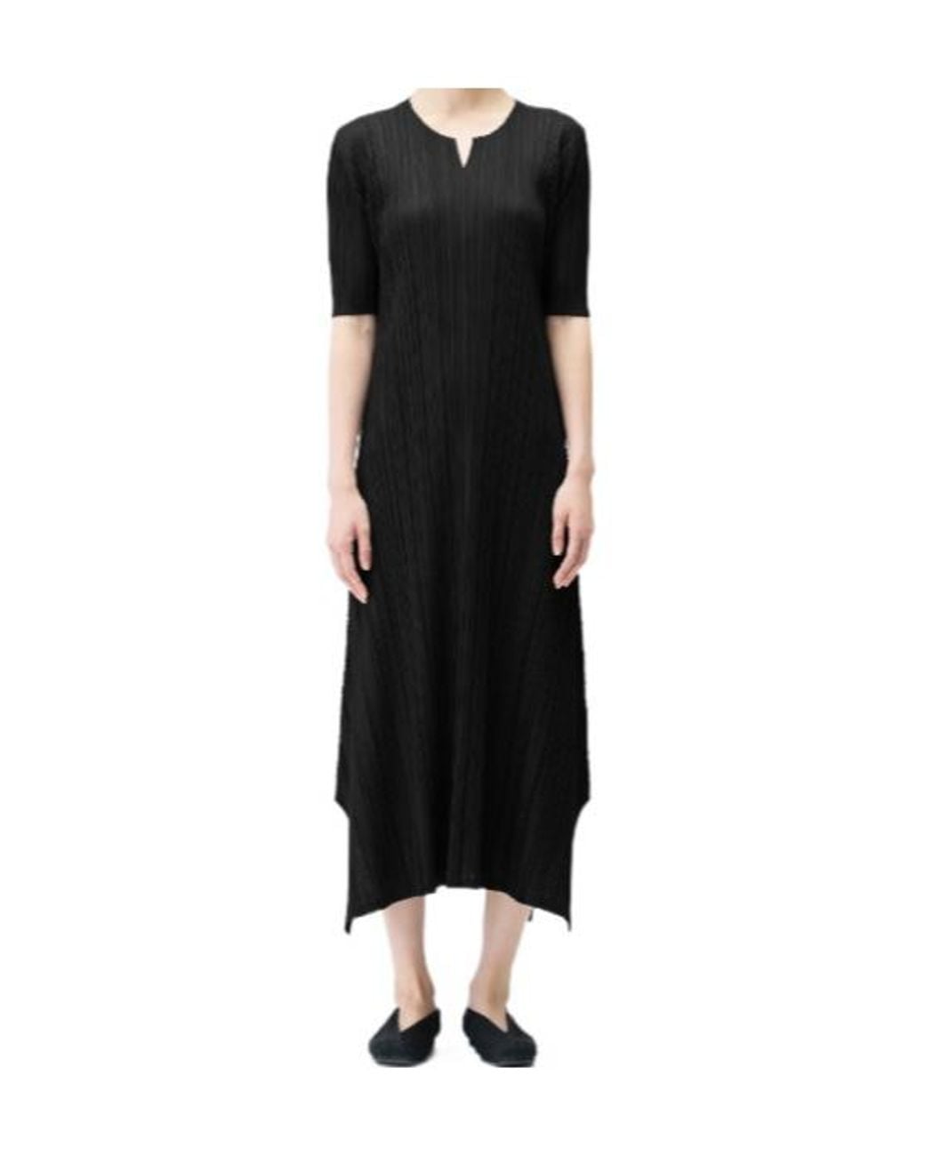 Pleats Please Issey Miyake Black Mellow Pleats V-Neck Asymmetric Dress