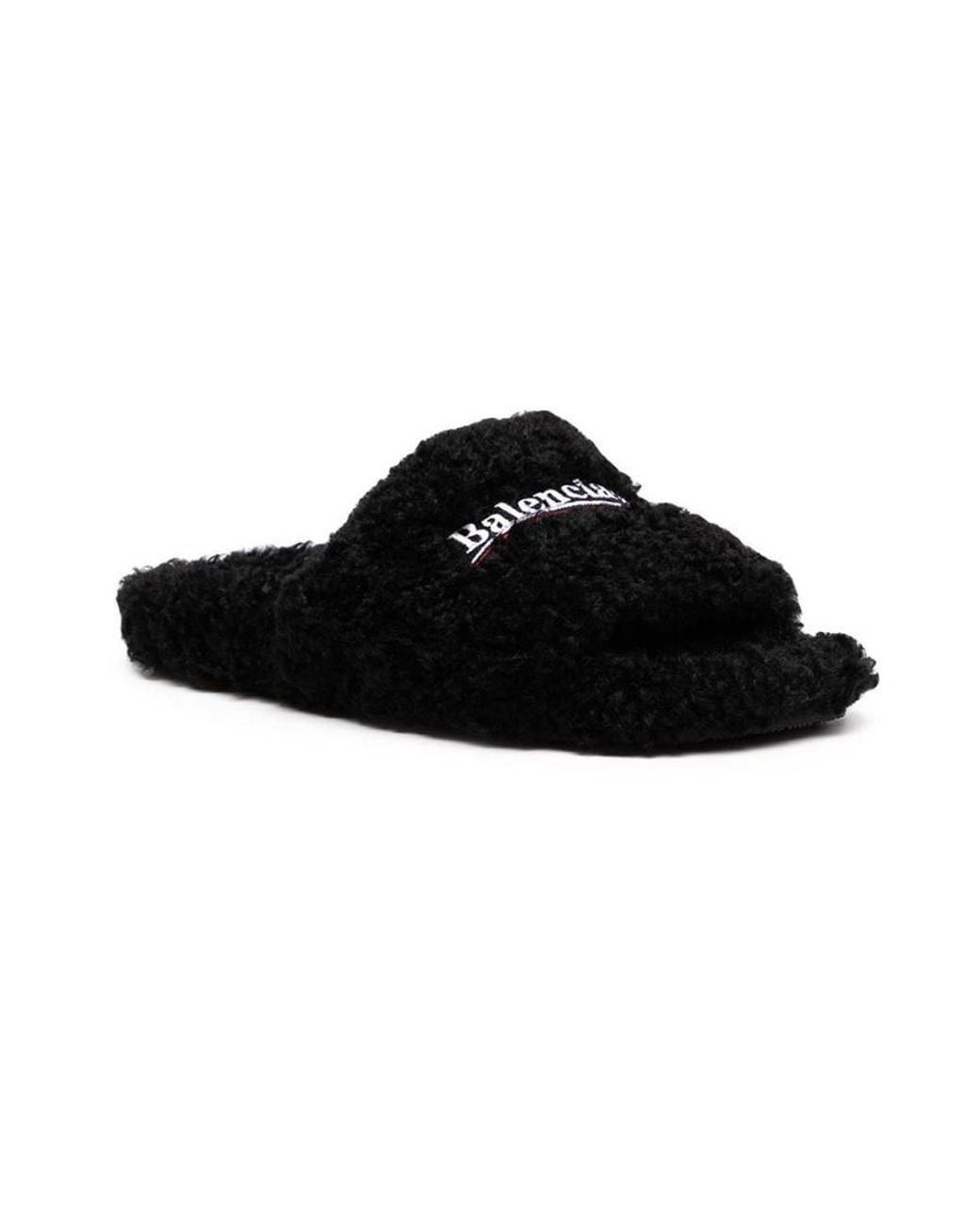 Balenciaga Black Logo Embroidered Furry Slide Sandals