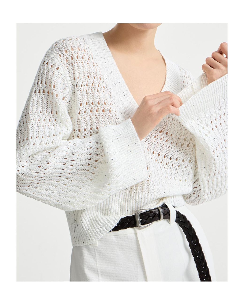 Brunello Cucinelli White Openwork V-Neck Knitted Sweater
