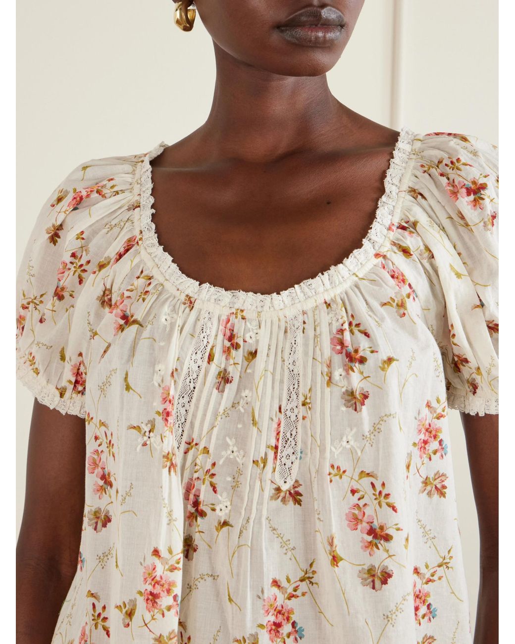 Doen White Lace-Trimmed Floral-Print Organic Cotton Blouse