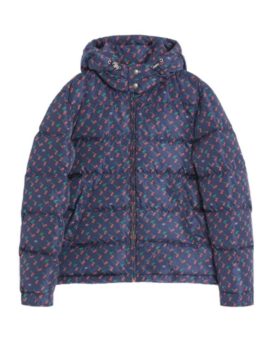 Valentino Blue Nylon Hooded Down Jacket With Cherryfic Print for men
