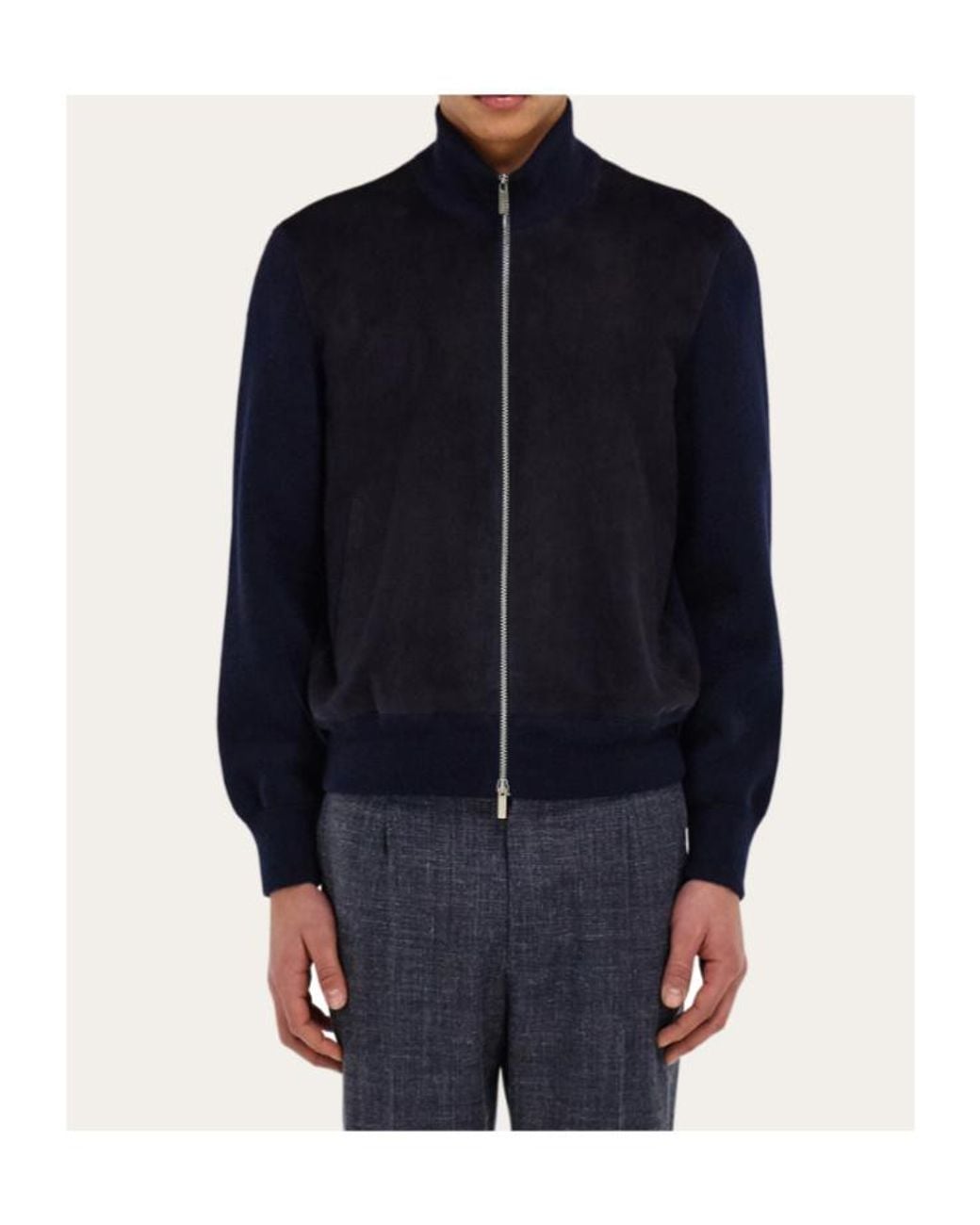 Ferragamo Blue Ferragamo Knitted Detail Zip-Up Jacket for men