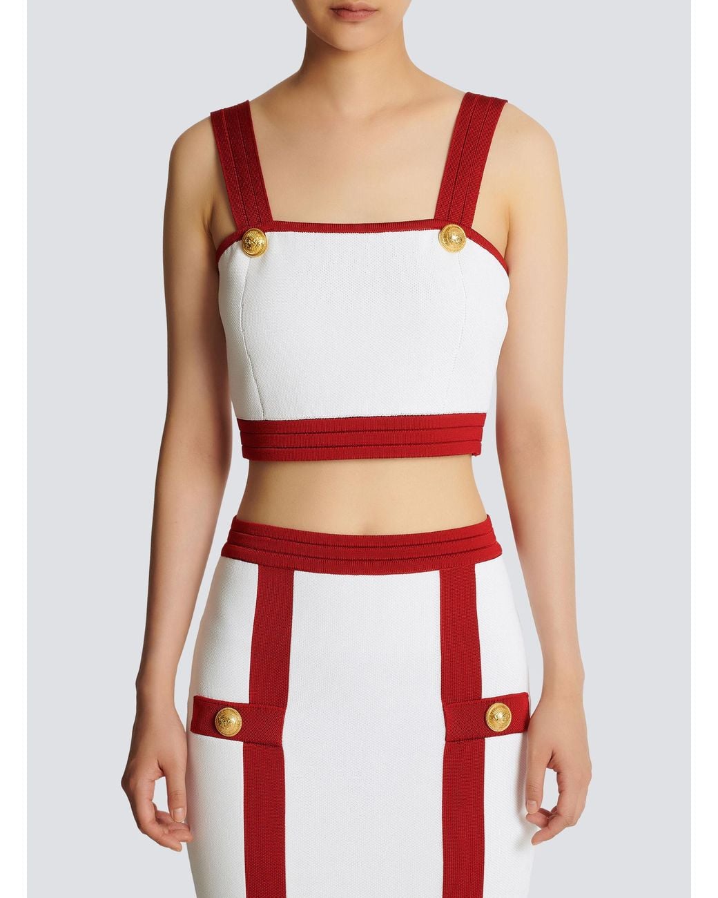 Balmain Red Knit Crop Top With-Tone Buttons