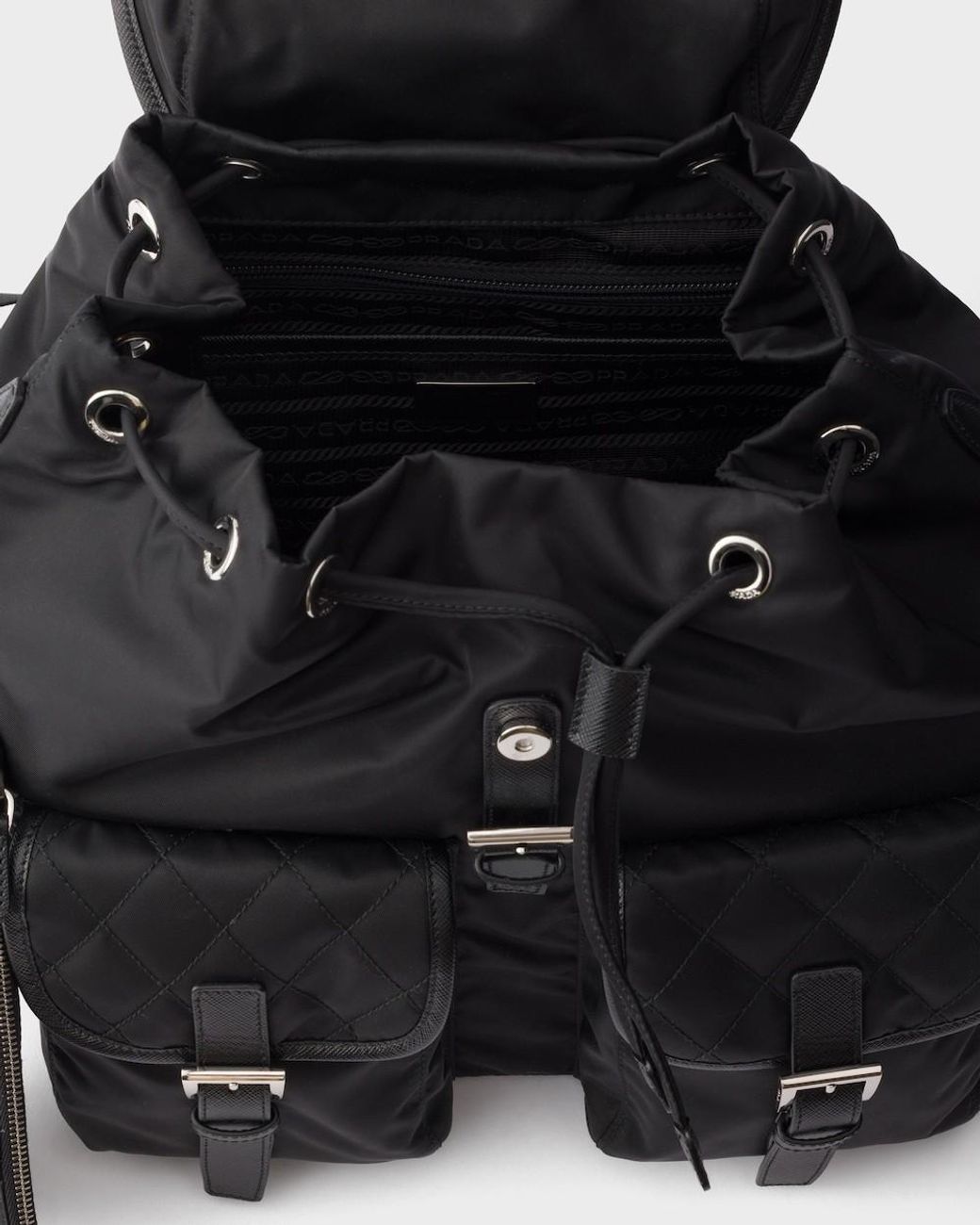 Prada Black Medium Quilted Re-Nylon Backpack With Saffiano Leather Trim