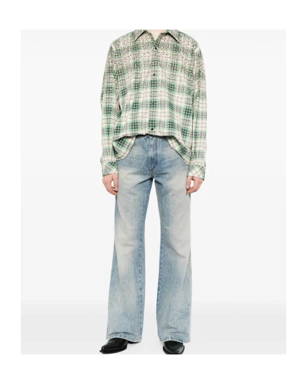 Amiri Green Stud-Embellished Checked Shirt for men
