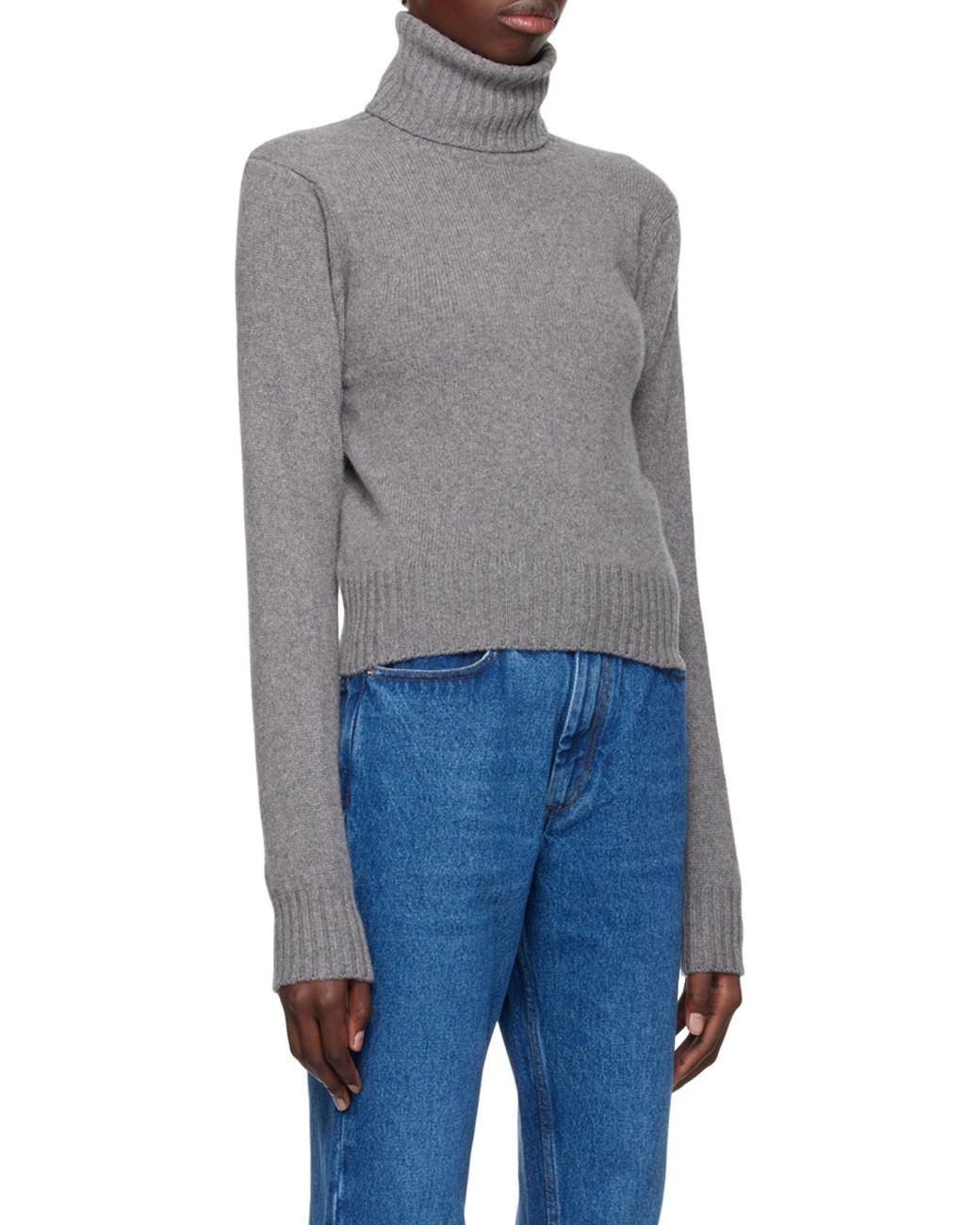 AMI Gray Cropped Cashmere Turtleneck Sweater With Ribbed Details